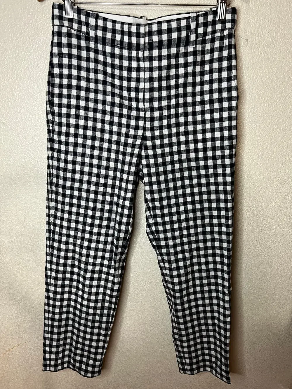 J. Crew Gingham linen-cotton Holland pant in navy blue & white WOMENS 4